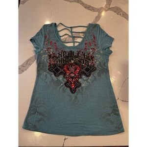 Harley-Davidson® Women's Dreamscape Embellished Short Sleeve Tee Aqua Blue